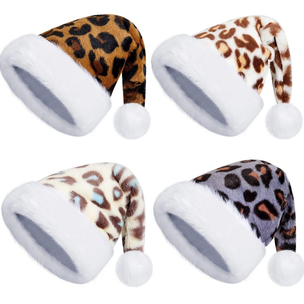 6550 4 Pcs Christmas Leopard Print Santa Hat Novelty Xmas Holiday Hats